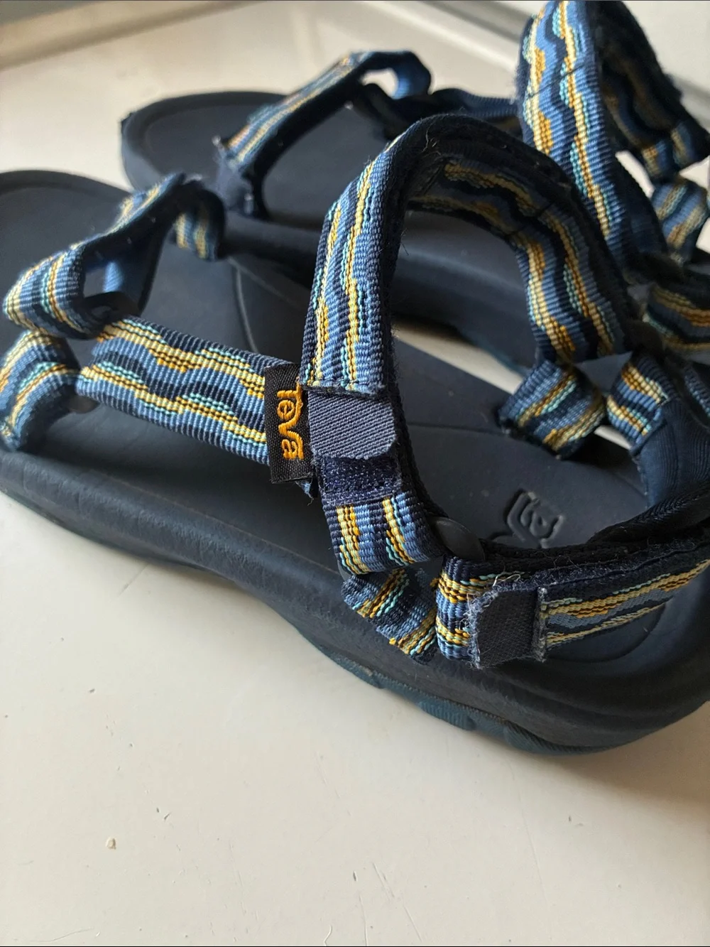Teva Kids Sz 3 Navy Blue Adjustable Sandals with Yellow Stripe Outdoor Play
